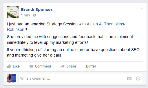 Review from Brandi Spence about her seo audit session with NJ SEO Expert and leader Akilah Thompkins-Robinson SEO Audit Session Small business entrepreneur SEO