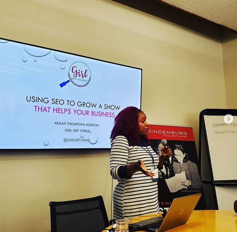 Akilah Thompkins- Robinson speaking at DC Podfest 2019 SEO to grow your podcast- Visibility SEO Content and coaching grow your online presence