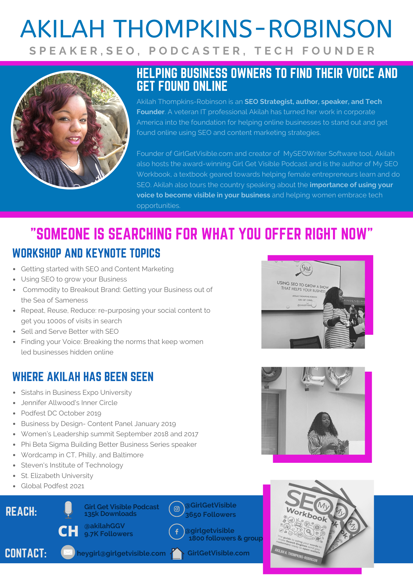 Akilah Thompkins-Robinson speaker sheet, seo, women in business, black women in tech, tech founder, content and online marketing business coach