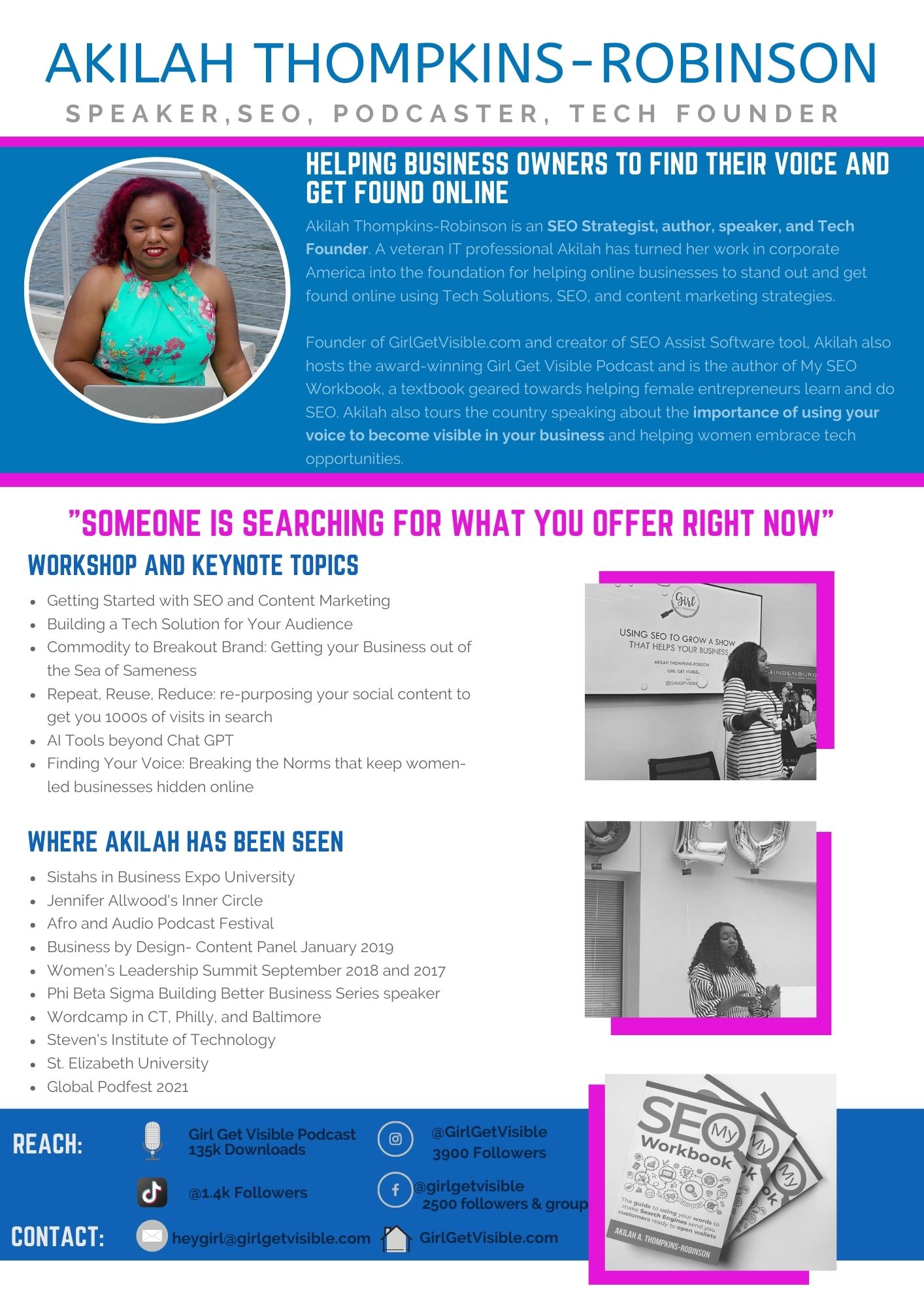 Women in SEO and Technology speaker Akilah Thompkins-Robinson located in New Jersey available to speak to conference, corporate, college university audience on various topics around women in technology, saas founder, podcasting, seo, content marketing and building your online thought leadership